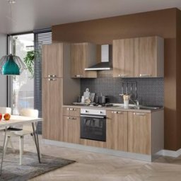 Leroy Merlin Cucina montata Dora rovere chiaro, lavello a destra, L 255 cm, completa di: cappa a camino, piano cottura a gas, forno, frigorifero