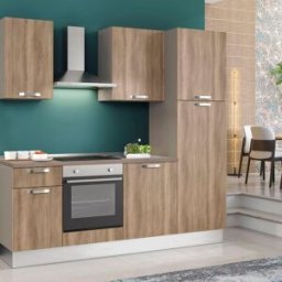 Leroy Merlin Cucina montata Dora rovere chiaro, lavello a sinistra, L 225 cm, completa di: cappa a camino, piano cottura a induzione, forno, frigorifero
