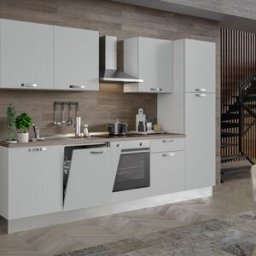 Leroy Merlin Cucina montata Dora bianco spatolato, lavello a sinistra, L 300 cm, completa di: cappa a camino, piano cottura a induzione, forno, lavastoviglie e frigorifero