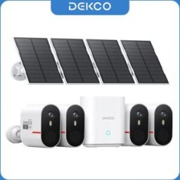DEKCO Sistema di Telecamere Solari WiFi 3MP, Kit 4 Telecamere per Esterni, Telecamera di Sicurezza Domestica Wireless con Visione Notturna a Colori e Audio Bidirezionale