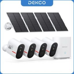 DEKCO Sistema di Telecamere Solari Wireless 5MP, Kit 4 Telecamere, Set di Telecamere di Sicurezza WiFi Solari per Esterni, Visione Notturna a Colori, Comunicazione Bidirezionale, Telecamera CCTV