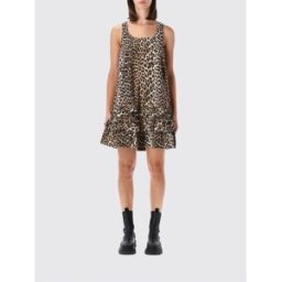 Ganni Mini abito svasato in cotone organico animalier con spalle scoperte Fa01 Taglia 38