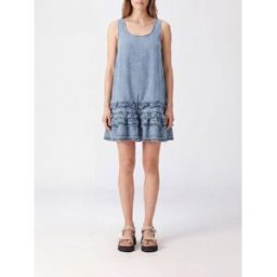 Ganni Mini abito in denim con spalle scoperte e applicazione di rouches Blue Taglia 36