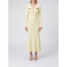 Self-Portrait Abito midi in maglia slim fit con bottoni gioiello e collo a scialle Giallo Taglia M