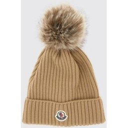 Moncler Berretto da bambino in maglia a coste con pompon e patch logo Beige Taglia M