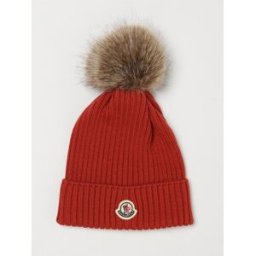 Moncler Berretto da bambino in maglia a coste con pompon e patch logo Arancione Taglia S