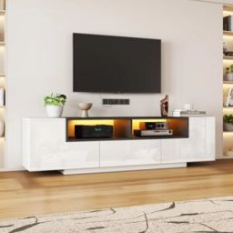 KOMHTOM Mobile TV per TV da 75 pollici con illuminazione LED d'atmosfera e ampi cassetti portaoggetti, mobile TV moderno per soggiorno