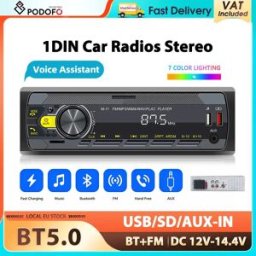 podofo Autoradio 1Din MP3 con Bluetooth, Telecomando, USB/SD/AUX-IN, Porta ISO, FM, Audio, Musica, 12V, 2 Canali