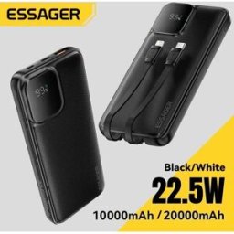 ESSAGER Power Bank portatile 20000mAh con due cavi integrati Batteria esterna PD 22,5W Ricarica rapida per iPhone 17 16 15 Xiaomi