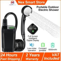 MicroData Doccia elettrica esterna portatile, doccia da campeggio da 6000 mAh, display digitale intelligente a schermo intero ricaricabile per escursioni in campeggio