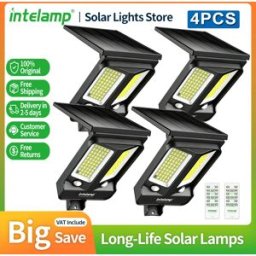 intelamp Set di 4 Luci Solari da Esterno Collegabili con Doppio Sensore di Movimento, Lampada da Parete Super Luminosa IP65 Impermeabile per Giardino, Cortile e Garage faretto led esterno solare faro led