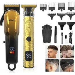 sejoy Tagliacapelli Professionale per Uomo, Set Rasoio Ricaricabile per Barba, Lama a T in Metallo, Display LED, Kit da Barbiere
