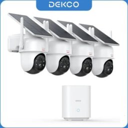 DEKCO Sistema di Telecamere Solari Wireless 3MP, Kit 4 Telecamere 360° ° Set di Telecamere di Sorveglianza PTZ WiFi con Tracciamento Automatico del Movimento, Supporto Alexa