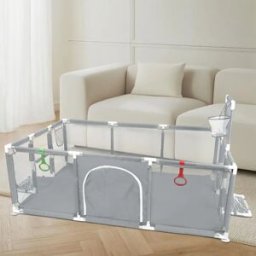 NONE Box per bambini + Pallone da calcio e pallacanestro - 180x120x66 cm - Box per bambini con rete traspirante - Grigio scuro/Grigio chiaro/Nero/Blu navy