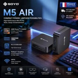 Soyo M5 AIR Mini PC con CPU AMD Ryzen 5 5600U (fino a 4.2 GHz), 16GB RAM DDR4, SSD M.2 da 512GB, Display Triplo 4K, WiFi 6/BT 5.2 - Mini Computer