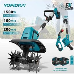Yofidra Motozappa Elettrica Senza Spazzole per Giardino, Rasaerba Rotativo per Coltivazione del Terreno, Attrezzo Elettrico da Giardino Compatibile con Batteria Makita 21V