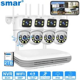 NONE Sistema di Telecamere di Sicurezza WiFi Smar, Kit Telecamera IP Wireless a Doppia Lente 6MP con Audio Bidirezionale, NVR 8CH