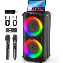 FanFun Altoparlante Karaoke T27-T con 2 Microfoni Wireless, Suono Potente con Bassi Profondi, 360° ° Luci da discoteca, compatibili con USB/TF/AUX
