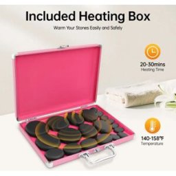 Bymaocar Set di 20 Pietre Calde per Massaggio con Scatola Riscaldante da 220W 60-70 ° Kit per Pietre Calde da Spa con Riscaldatore per Alleviare lo Stress e il Mal di Schiena