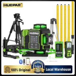 Huepar W04CG Set Livella Laser 4D Autolivellante a Linee Incrociate con Raggio Verde, Telecomando, Schermo LCD, Kit di Allineamento Bluetooth