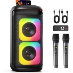 FanFun Macchina per Karaoke con 2 Microfoni Wireless, Karaoke Bluetooth Portatile, Potente Boombox Karaoke con Doppio Subwoofer da 8'', Luci LED
