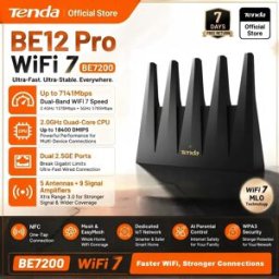 Tenda Router Gaming BE12 Pro WiFi 7 BE7200 7141Mbps Dual Band con Doppie Porte 2.5G, CPU Quad-Core, 5 Antenne, Mesh, NFC, EasyMesh