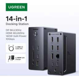 UGREEN Hub USB 14-in-1 Docking Station Type-C con 4K120Hz DP, 4K60Hz HDMI, SD/TF, RJ45, USB-A/C 10Gbps, Ricarica PD per Laptop Windows