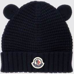 Moncler Berretto da bambino in lana vergine con patch logo e risvolto a costine Blue Taglia XXS
