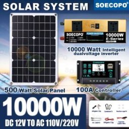 soecopo Kit solare da 10000 W Pannello da 500 W Controller MPPT da 100 A Cavo CC da 12 V/24 V a 220 V/110 V Inverter per emergenza da campeggio Certificato CE