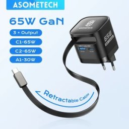ASOMETECH Caricatore USB GaN da 65 W con cavo retrattile di tipo C Caricatore rapido PPS QC4.0 PD3.0 a 3 porte per laptop MacBook iPhone 16 15 14 Xiaomi