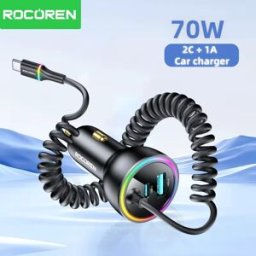 Rocoren Caricabatteria da auto USB C da 70 W con cavo di ricarica a molla Adattatore per caricabatterie rapido per auto di tipo C a ricarica rapida per iPhone 16 15 Xiaomi