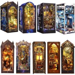 zuuton Kit di inserti per scaffali per angolo di libri fai-da-te Puzzle in legno 3D Casa delle bambole Assemblaggio Modello di edificio Fermalibri con mobili Luce a LED Regali di Natale