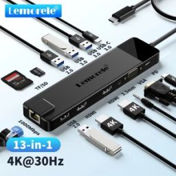 lemorele TC100 Hub USB 3.0 a 13 porte ad alta velocità con USB Type-C, HDMI 4K, RJ45 1000Mbps, SD, TF per Laptop, MacBook, VGA per TV e Display