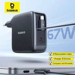BASEUS Caricatore GaN 67W con doppio cavo retrattile Caricatore rapido per iPhone Xiaomi Caricatore da viaggio Samsung Caricatore universale per telefono