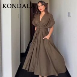 KONDALA 2026 Primavera Estate Abito Vintage da Donna, Elegante Vestito Marrone con Scollo a V, Senza Maniche, Monopetto e Drappeggiatura