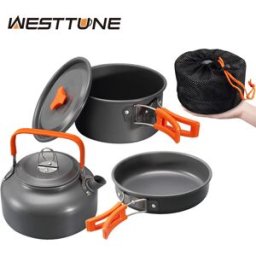 BRS WESTTUNE Kit di pentole da campeggio Set da cucina portatile da esterno in alluminio Pentola Pan Bollitore per stoviglie da campeggio Escursionismo Picnic 3 pezzi