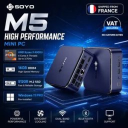Soyo M5 Mini PC Nuova Uscita con Processore AMD Ryzen 3 4300U (Max Turbo 3.7GHz), 16GB RAM LPDDR4, SSD M.2 da 512GB, WiFi5, BT5.0, Windows 11 Pro, Microcomputer Silenzioso