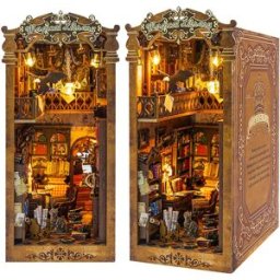 zuuton Kit di angolo per libri magici fai-da-te Casa delle bambole in miniatura con luce a LED Puzzle 3D Costruzione di modelli Scaffale in legno Fermalibri Giocattolo Regali per adulti
