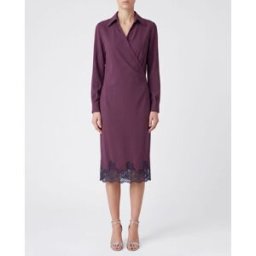 Alberta Ferretti Abito chemisier midi in misto lana con inserti in pizzo Rosso Taglia 46