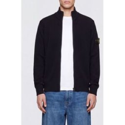 Stone Island Cardigan a dolcevita in lana vergine con patch logo Compass Nero Taglia M