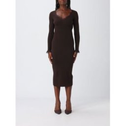 Twinset Abito midi in maglia a coste con scollo a V e inserti in pizzo Marrone Taglia S