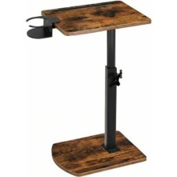 NONE Tavolino vintage marrone a forma di C – regolabile in altezza 360 ° Scrivania per divano girevole con portabicchieri e slot per tablet