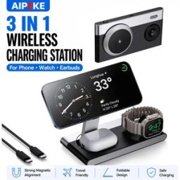 AIPEKE Caricatore wireless 4 in 1 per caricabatterie MagSafe per iPhone compatibile con iPhone 12-17/18, stazione di ricarica magnetica universale, supporto per ricarica rapida, accessori da viaggio,