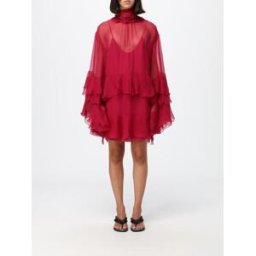 Chloé Mini abito in seta con collo alto e maniche lunghe con rouches Rosso Taglia 36