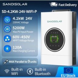 SANDISOLAR Inverter Solare Ibrido 4.2KW 24V, Collegabile in Parallelo fino a 9 Unità, Potenza Massima Ingresso PV 5200W, WiFi Integrato, App AI per Sistemi Energetici