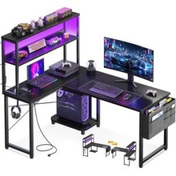 Coleshome Scrivania da Gioco Angolare Reversibile, Striscia Luminosa RGB, Ciabatta con Porte USB, Ripiano Doppio Regolabile, Supporto CPU e Gancio Cuffie, 110x80cm, Nero