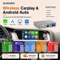 AUTOABC Kit di aggiornamento Wireless CarPlay Android Auto per Audi A4 B8, A5, Q5, S5 con sistema MMI 3G (2010–2016), dotato di MirrorLink, AirPlay, Bluetooth, GPS e un decoder di interfaccia.