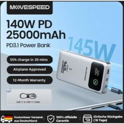 MOVESPEED 【CCC】 M25 Pro Power Bank 140W USB C Ricarica rapida 25000mAh Batteria esterna Powerbank per iPhone MacBook Lenovo Laptop