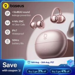 BASEUS Auricolari Wireless Bowie MC2 S Open Ear Clip Bluetooth 6.0, Auricolari Sportivi Clip-On Confortevoli, 4 Microfoni Per Chiamate Chiare, Traduzione AI