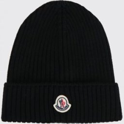 Moncler Cappello da bambino in lana a coste con patch logo e risvolto Nero Taglia L